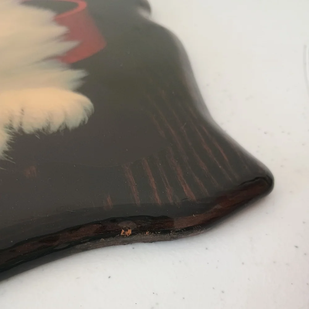 Vintage Lacquered Wood White Persian Cat Kitten W/ Red Bow Plaque